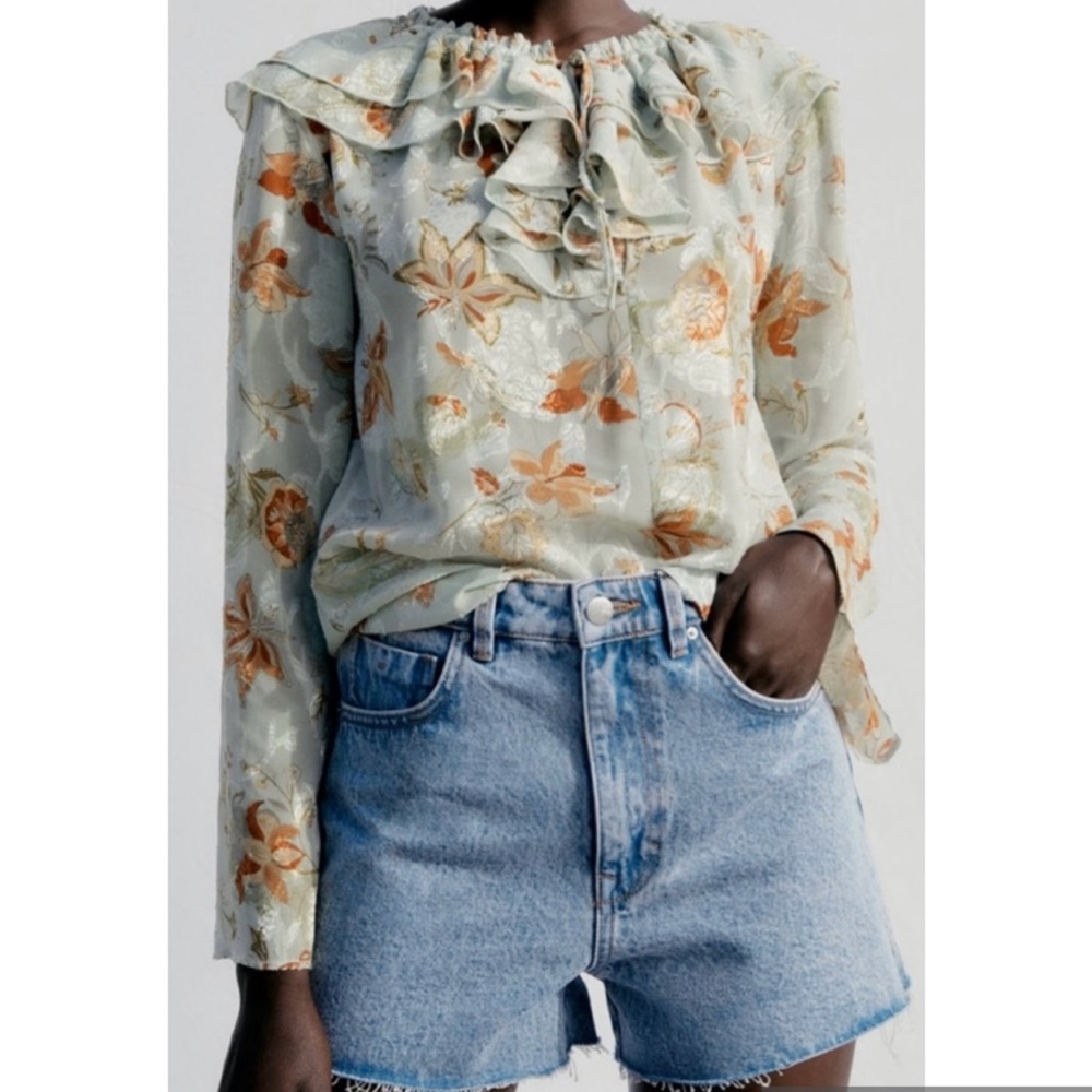 Zara Jacquard Printed Long Sleeve Ruffled Top